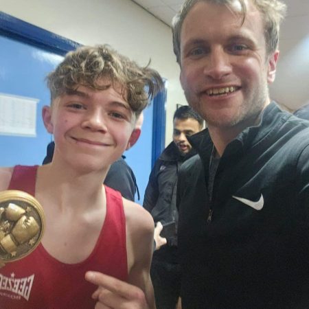 coach tom with a fighter from abergavenny